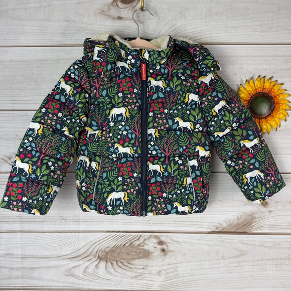 Boden Kids Puffer Jacket 2-3Y Unicorn Floral Hooded Quilted Coat Winter - Picture 1 of 6
